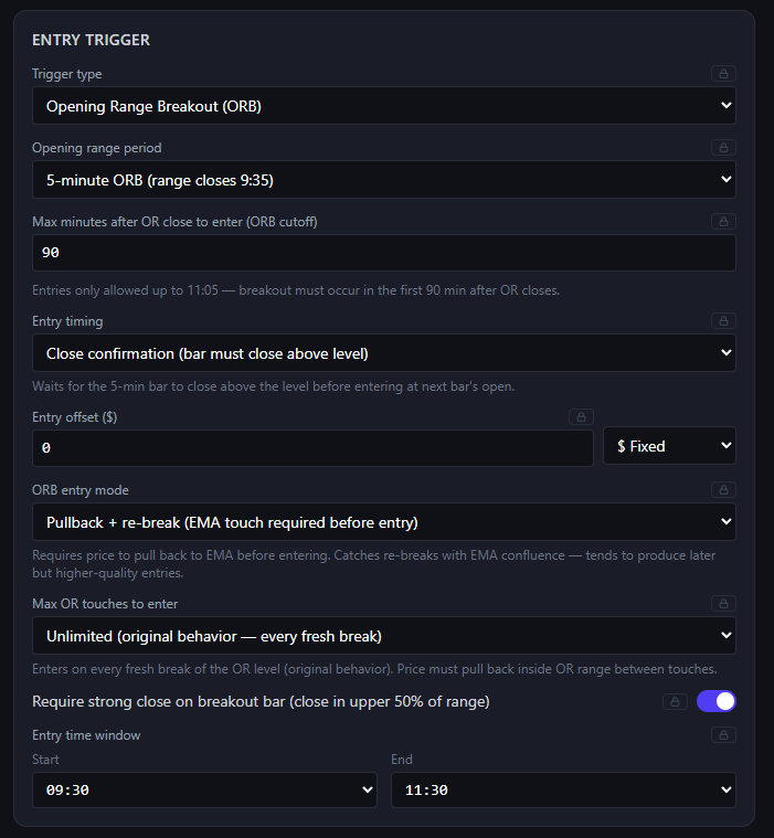 Entry trigger configuration with ORB period, cutoff minutes, and entry timing options